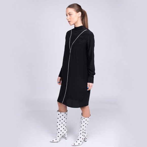 8 Black S 100% Silk Shift Dress Low Open-Back Tie Bow Made in Italy Knee Office - Picture 4 of 14